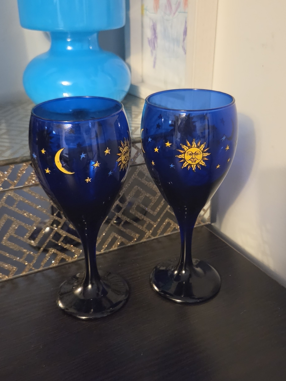 Libbey Cobalt Blue Sun & Moon Wine Glasses - Set of 2